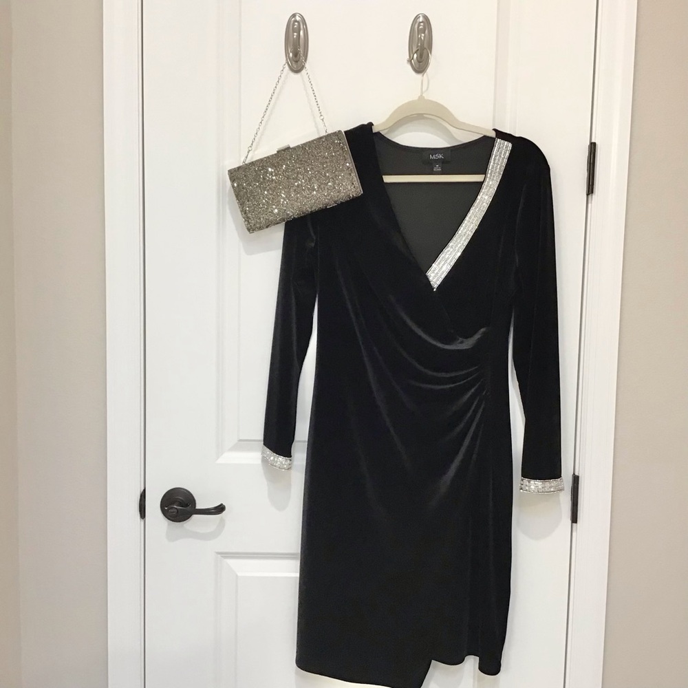 MSK Velvet Faux Wrap Rhinestone Dress Size M, EUC